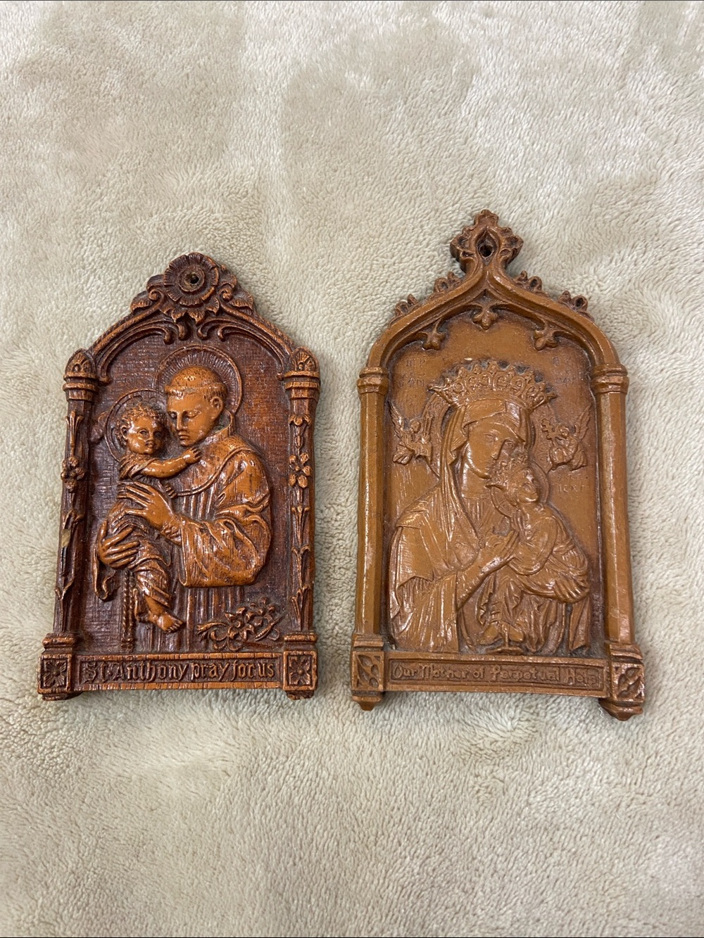 Vintage Barnwood Religious Wall Plaques - Saint Anthony & Madonna, BOYNTON & Co.